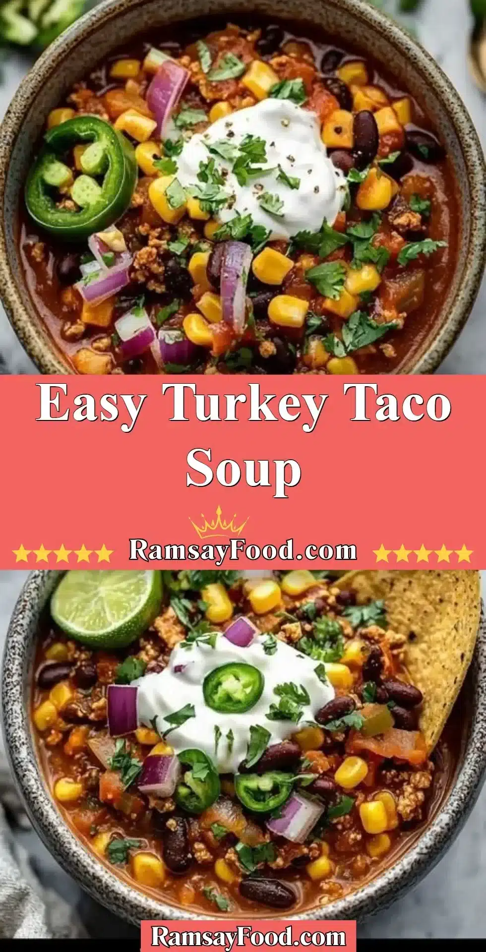 Easy Turkey Taco Soup 2 Bowl of easy Turkey Taco Soup with toppings like cheese and cilantro