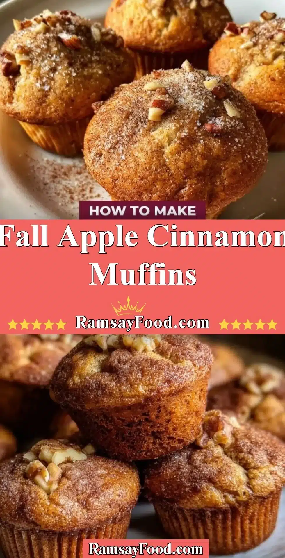 Freshly baked fall apple cinnamon muffins on a wooden table