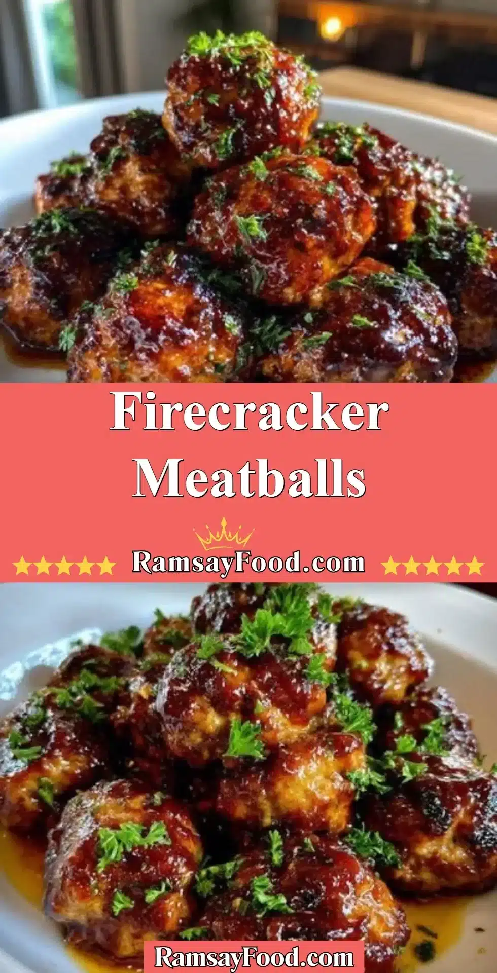 Firecracker Meatballs 2 Delicious Firecracker Meatballs topped with spicy sauce and garnished with herbs.