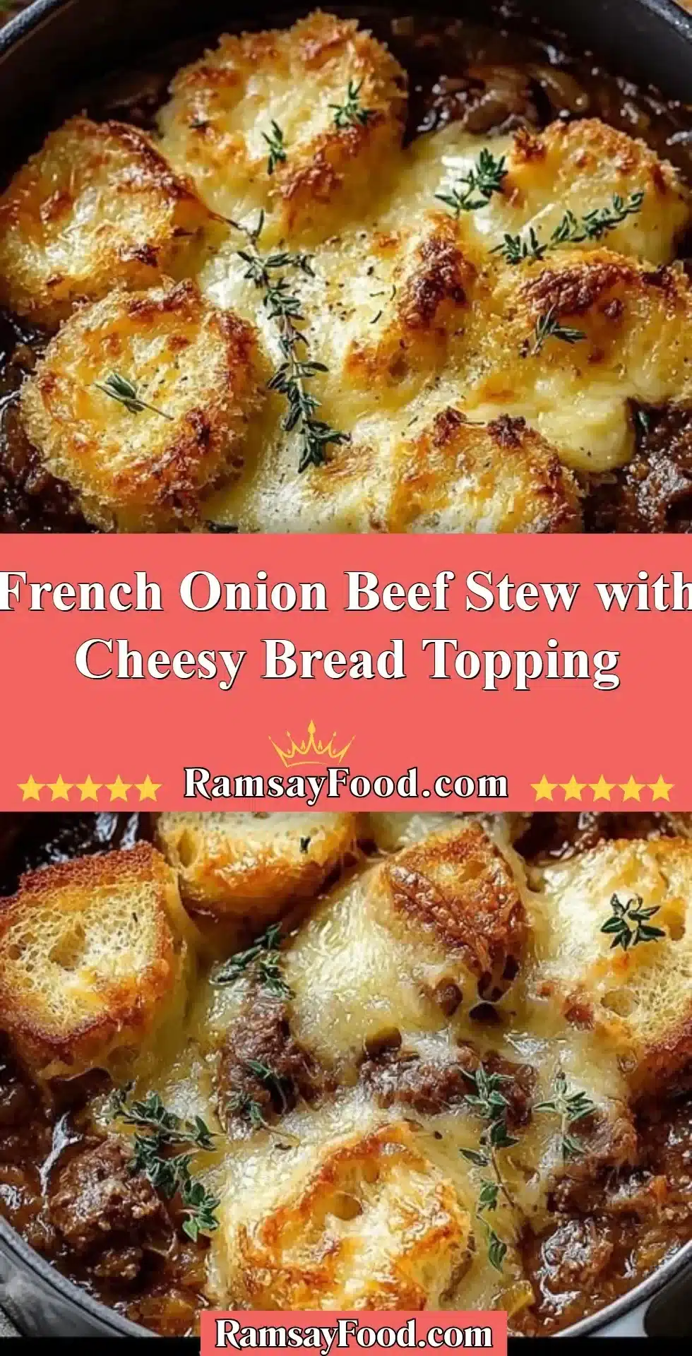French Onion Beef Stew with Cheesy Bread Topping 2 French Onion Beef Stew garnished with cheesy bread topping, a hearty meal