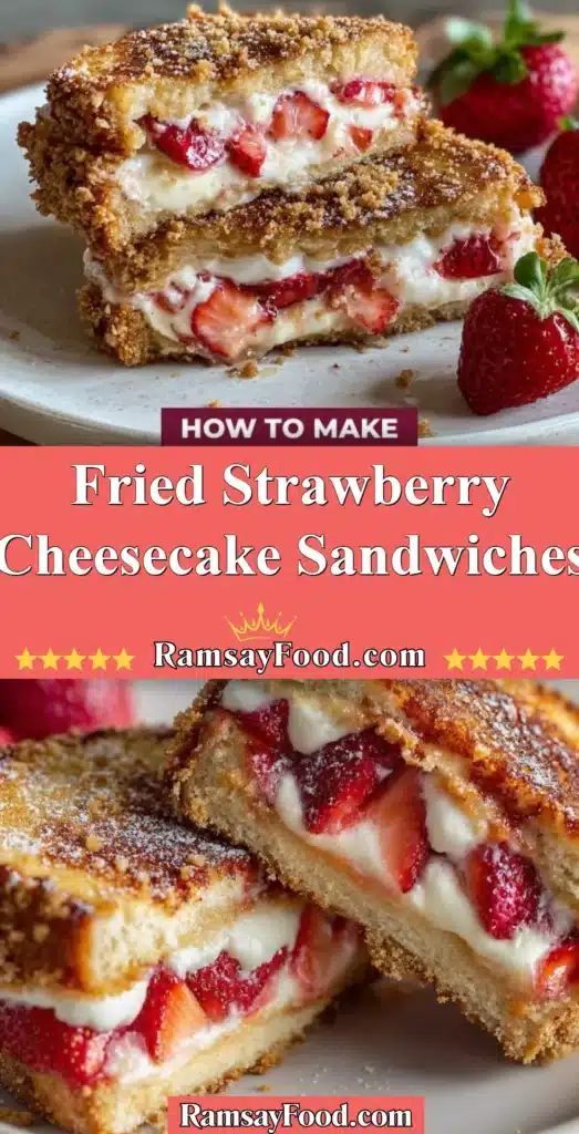 Fried strawberry cheesecake sandwiches served on a plate topped with strawberry sauce