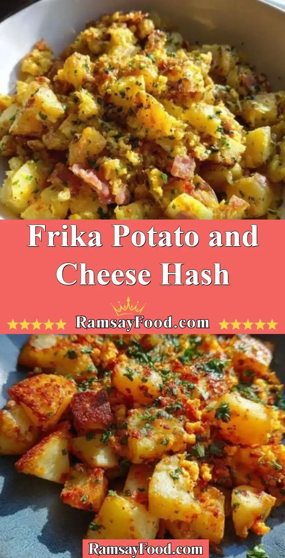 Delicious Frika Potato and Cheese Hash served in a bowl with toppings.