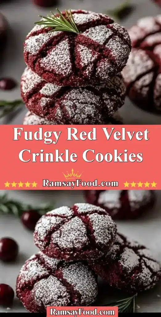 Fudgy Red Velvet Crinkle Cookies on a plate with powdered sugar coating