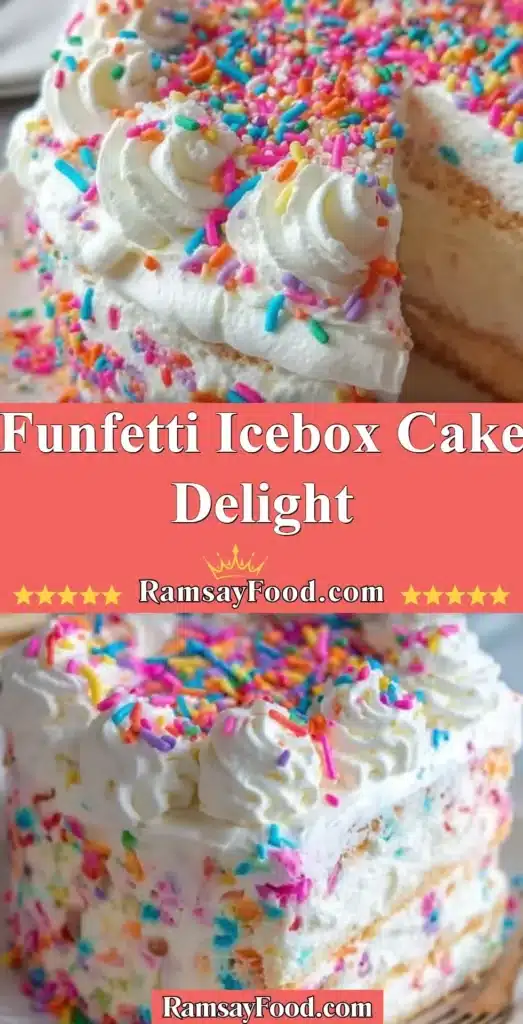 Slice of Funfetti Icebox Cake with colorful sprinkles on a plate