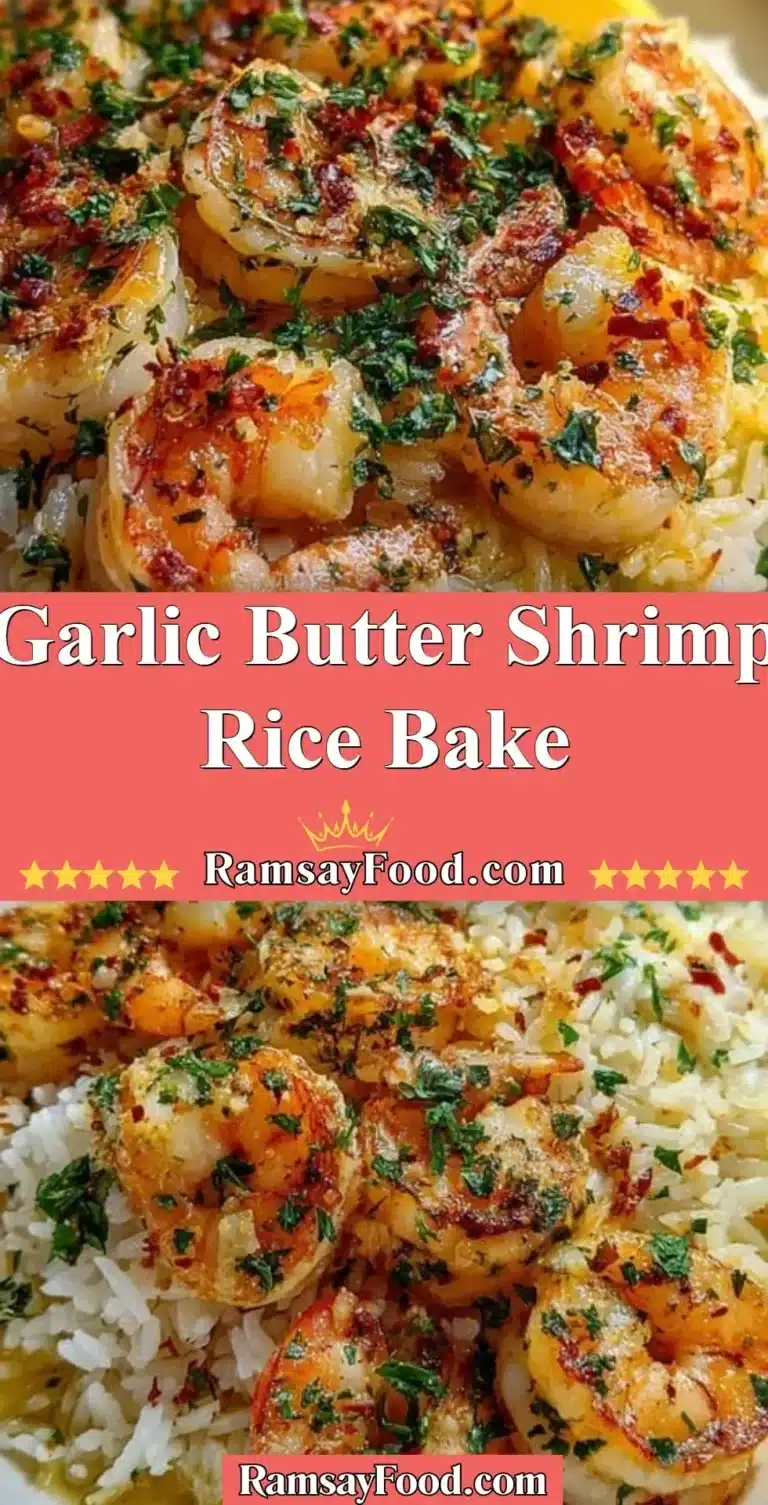 Garlic Butter Shrimp Rice Bake 7 Garlic butter shrimp rice bake served in a ceramic dish