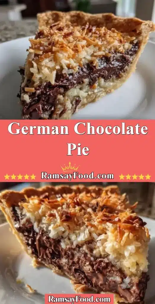 Delicious German Chocolate Pie topped with coconut and pecans.