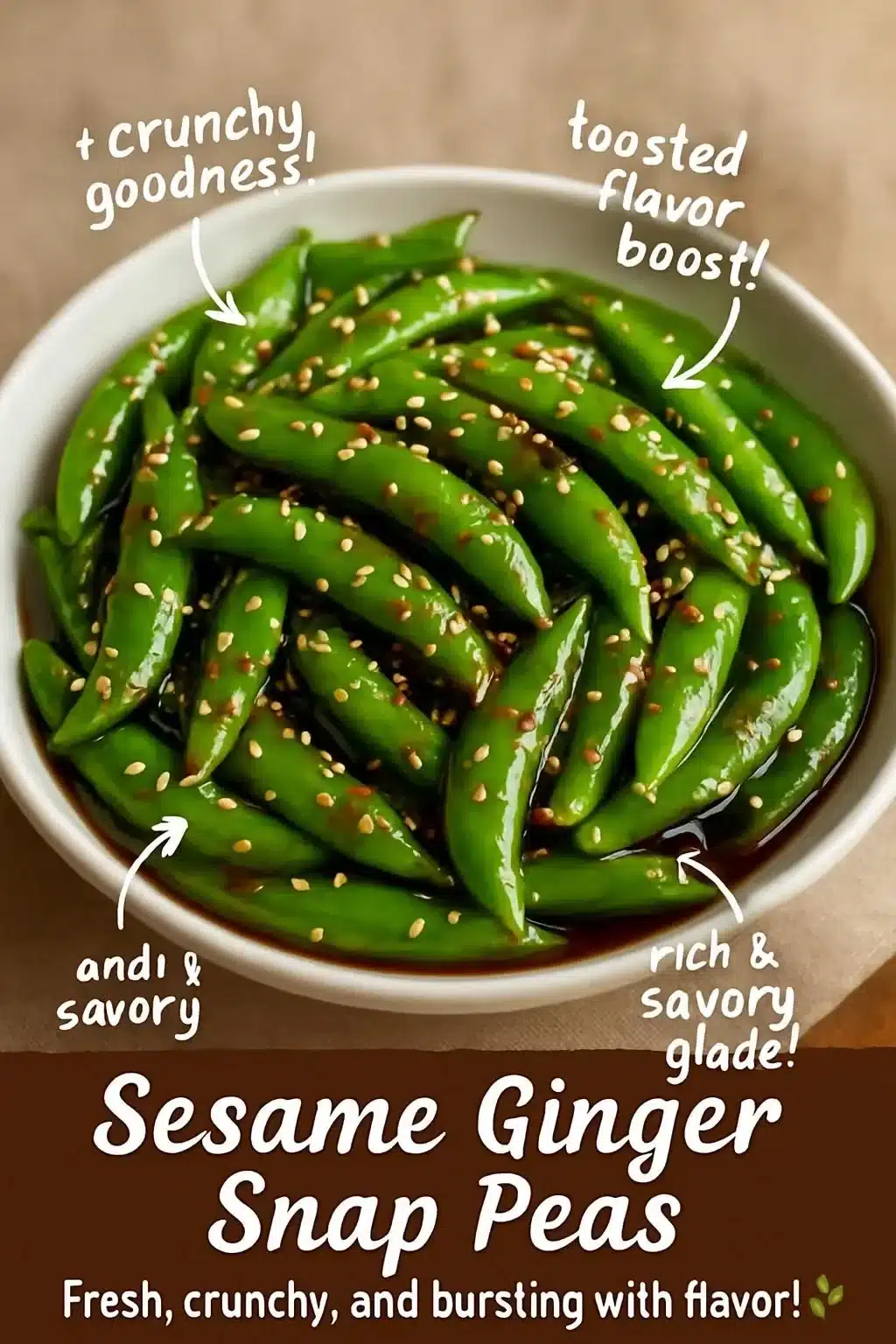 Ginger sesame snap peas side dish garnished with sesame seeds