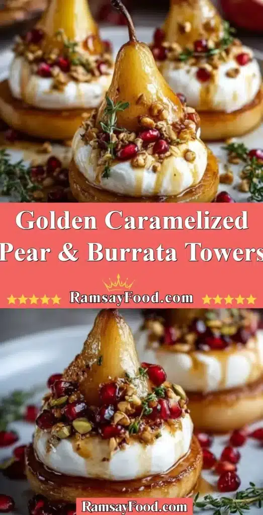 Golden Caramelized Pear and Burrata Towers elegantly layered on a plate.