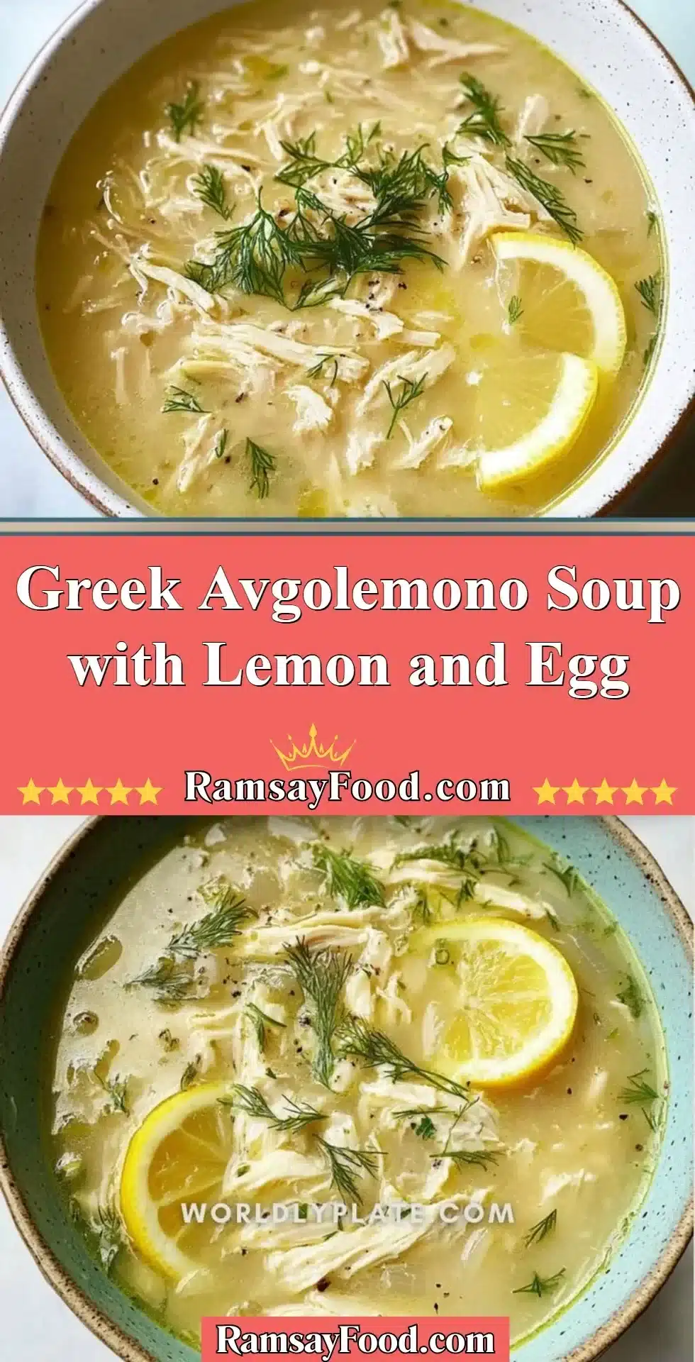 Bowl of homemade Greek Avgolemono Soup with lemon and egg garnish