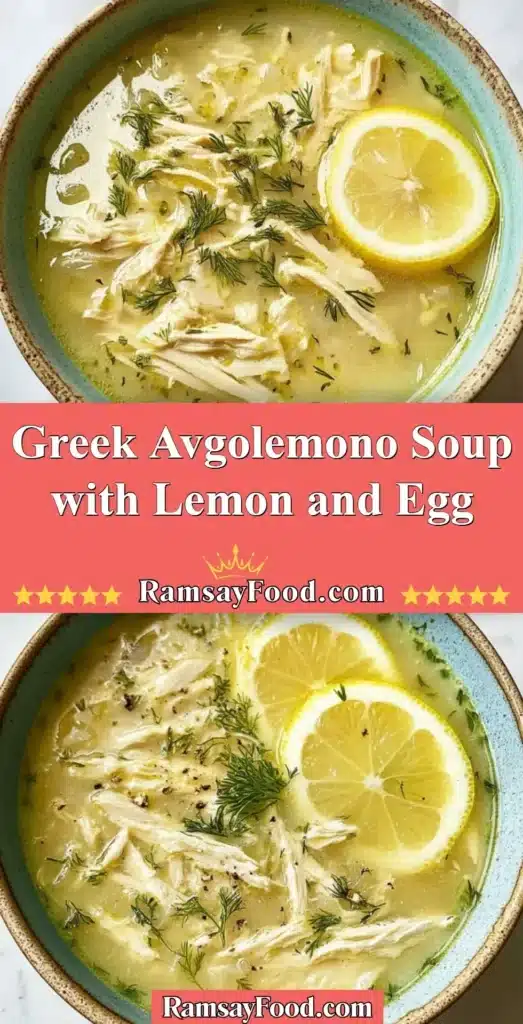 Bowl of Greek Avgolemono soup garnished with lemon and herbs.