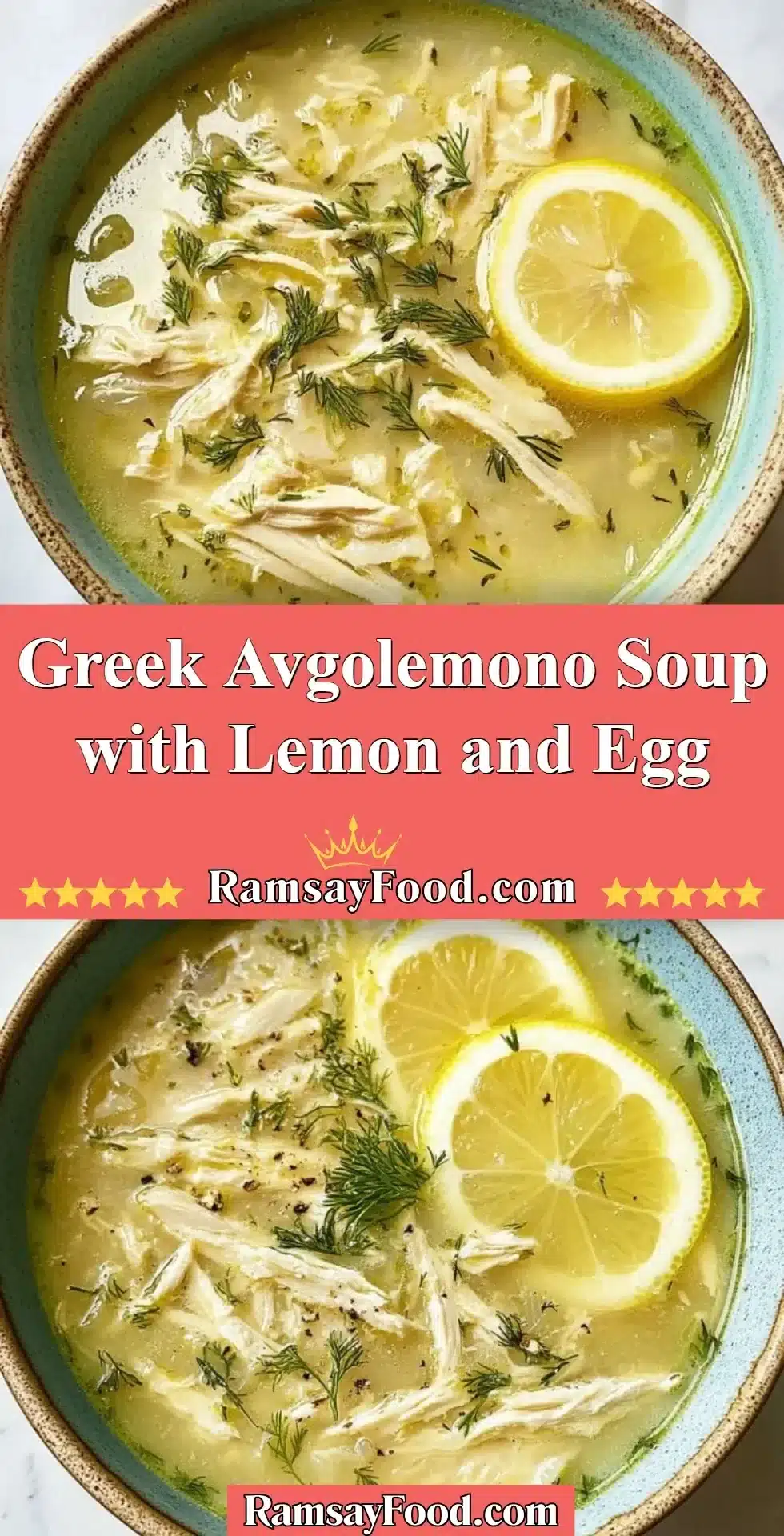 Bowl of Greek Avgolemono soup garnished with lemon and herbs.