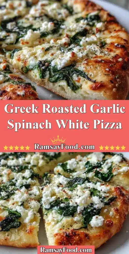 Greek Roasted Garlic Spinach White Pizza with cheese, spinach, and garlic