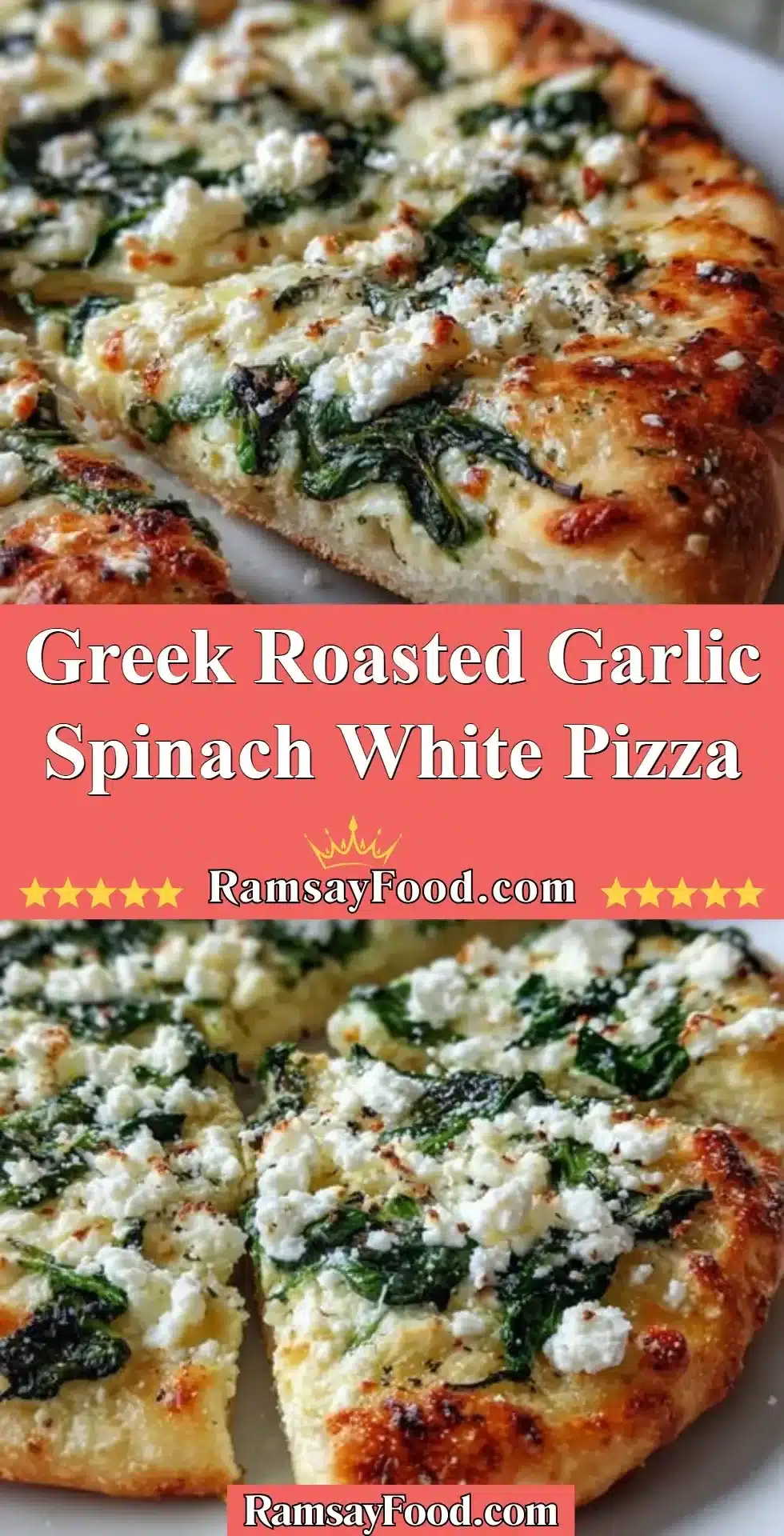 Greek Roasted Garlic Spinach White Pizza with cheese, spinach, and garlic