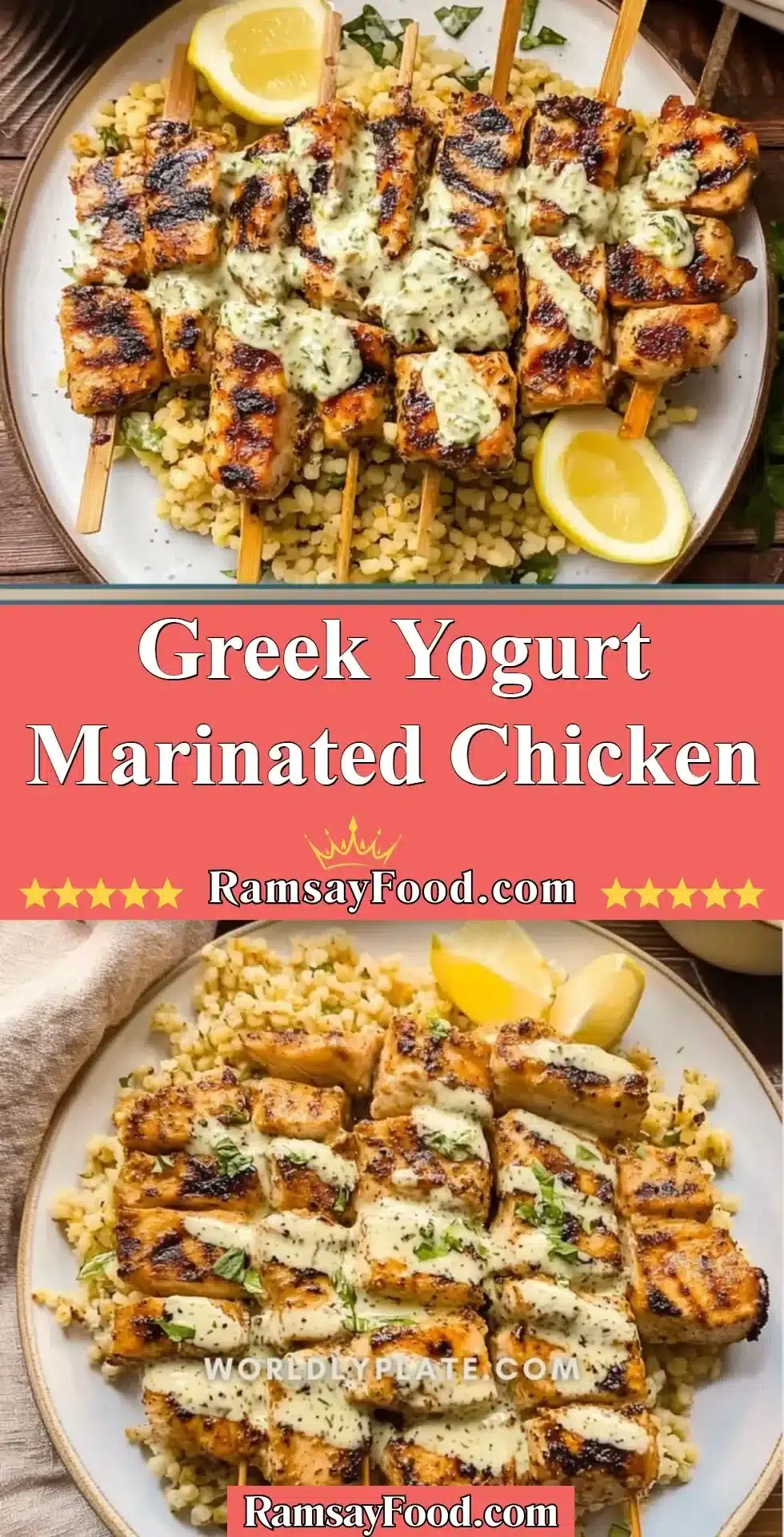 Greek yogurt marinated chicken ready to be served with herbs and spices.