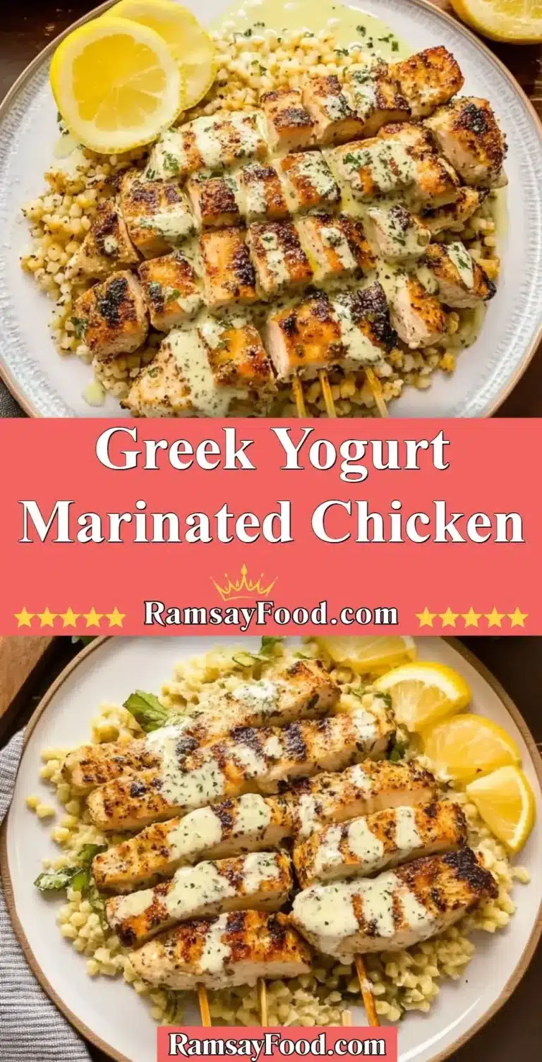 Greek yogurt marinated chicken on a plate, garnished with herbs.