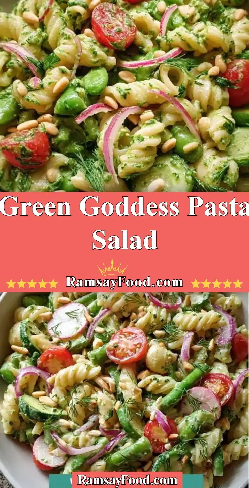 Delicious Green Goddess Pasta Salad with fresh vegetables and herbs