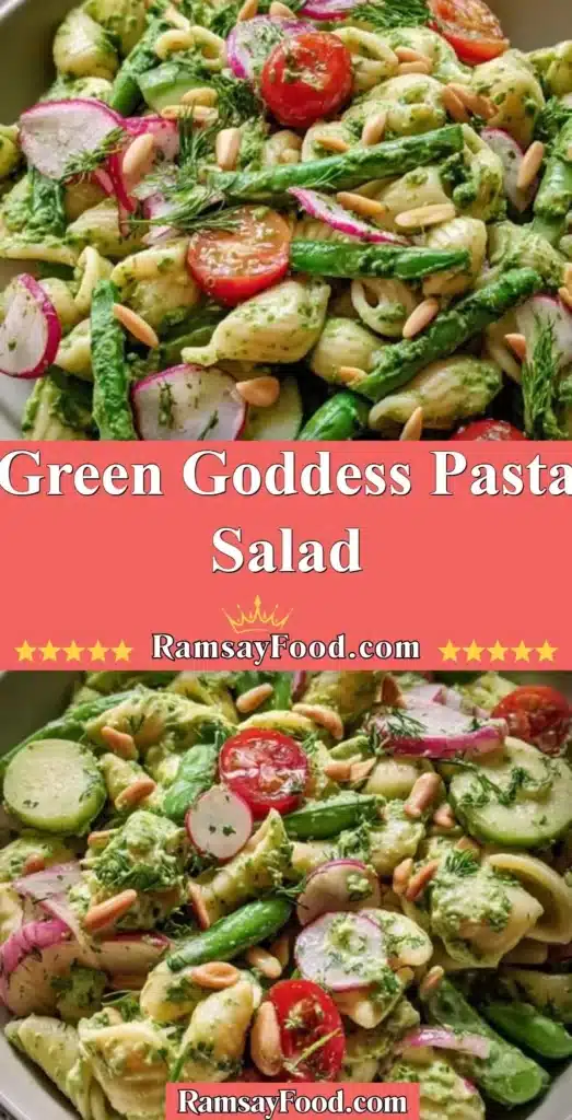 Fresh Green Goddess Pasta Salad with vibrant vegetables and dressing.