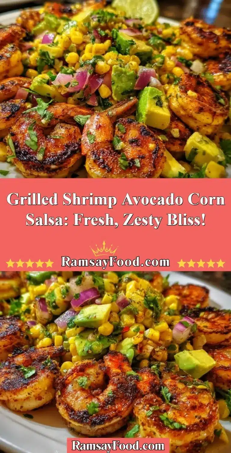 Grilled Shrimp Avocado Corn Salsa: Fresh, Zesty Bliss! 6 Grilled shrimp served with avocado corn salsa for a fresh, zesty meal.