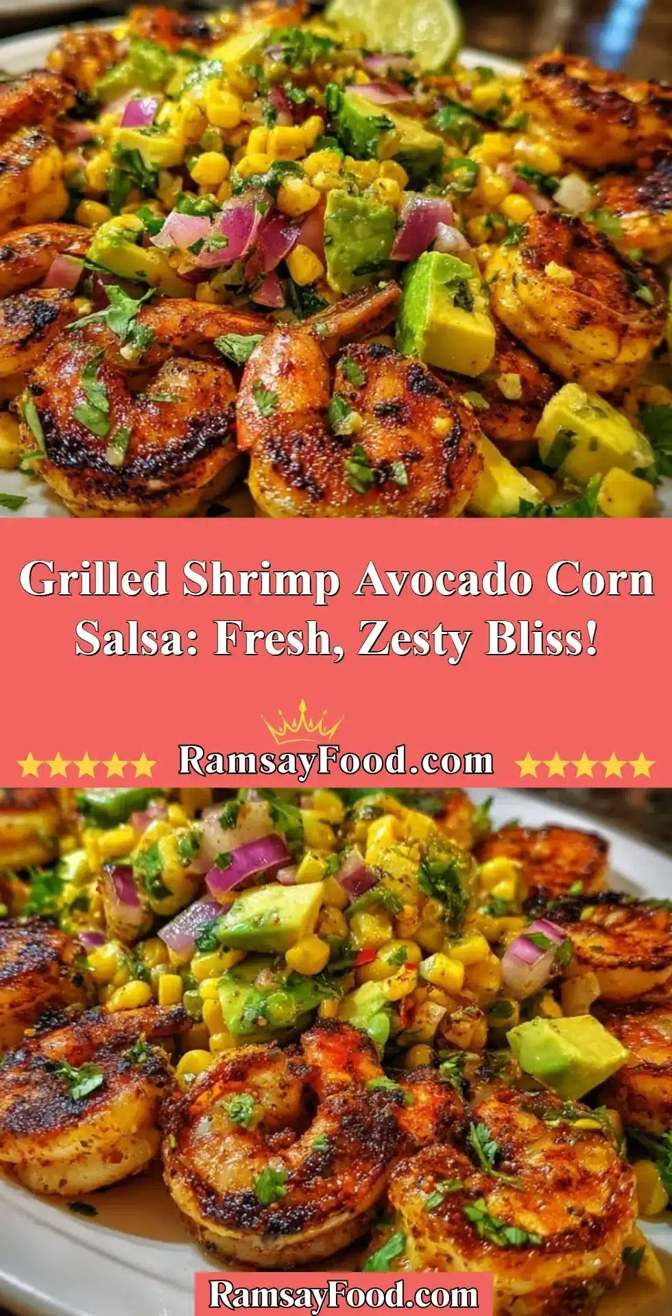 Grilled shrimp served with avocado corn salsa for a fresh, zesty meal.