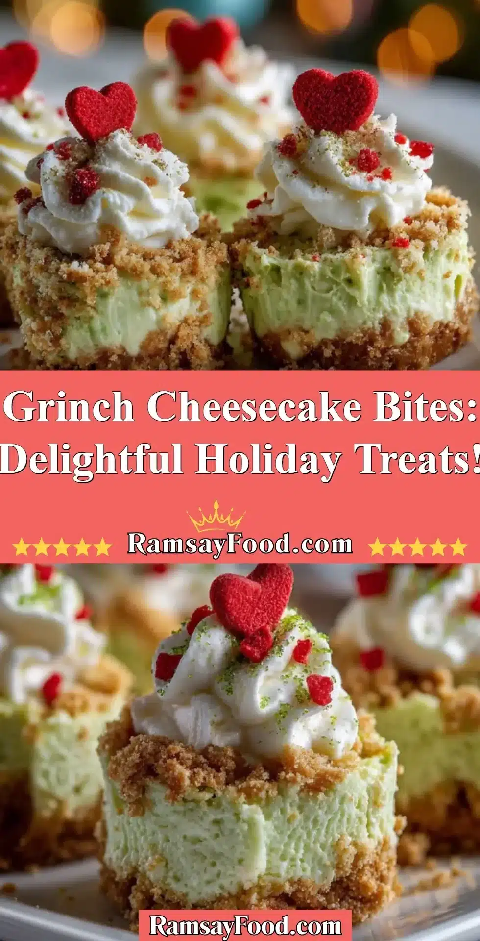 Grinch Cheesecake Bites: Delightful Holiday Treats! 2 Festive Grinch cheesecake bites for holiday celebrations