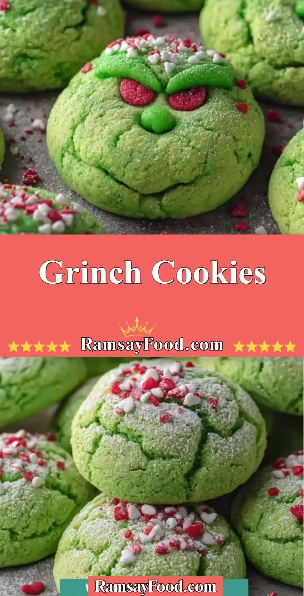 Festive Grinch Cookies decorated for Christmas