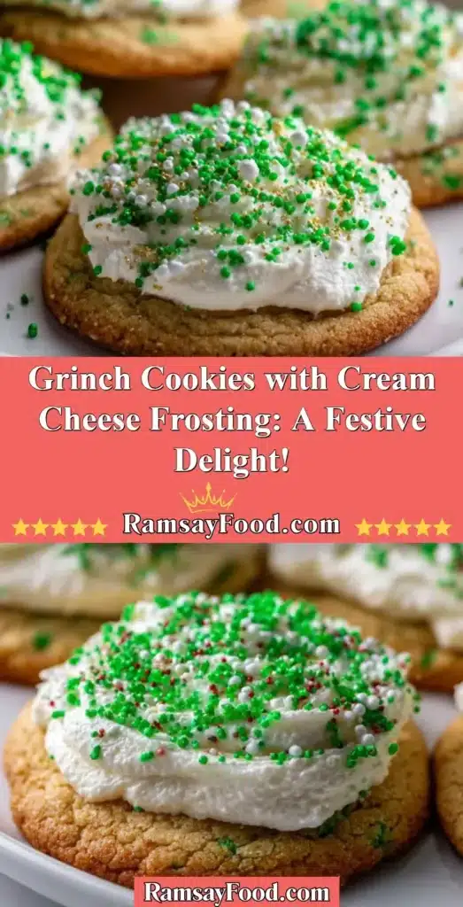 Festive Grinch cookies with cream cheese frosting on a holiday platter.