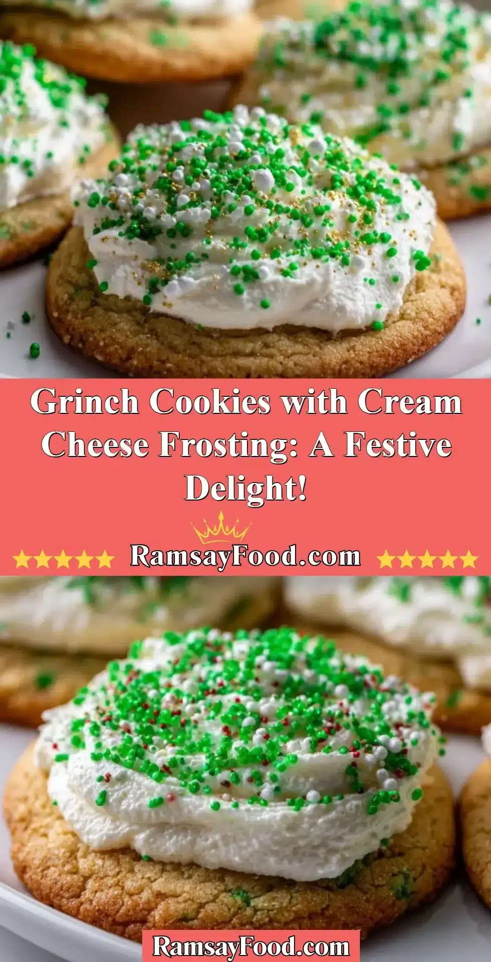Grinch Cookies with Cream Cheese Frosting: A Festive Delight! 2 Festive Grinch cookies with cream cheese frosting on a holiday platter.