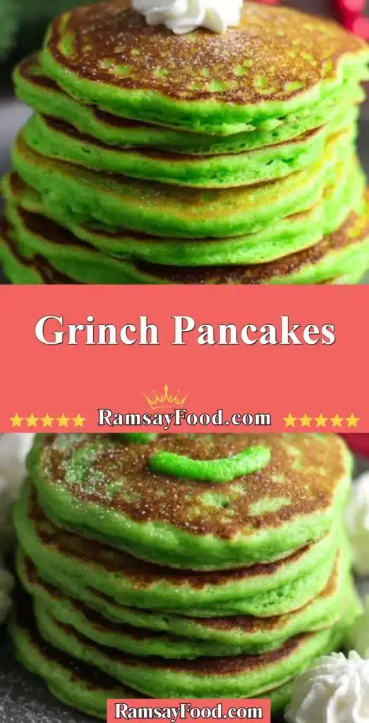 Festive Grinch Pancakes decorated with green batter and holiday toppings