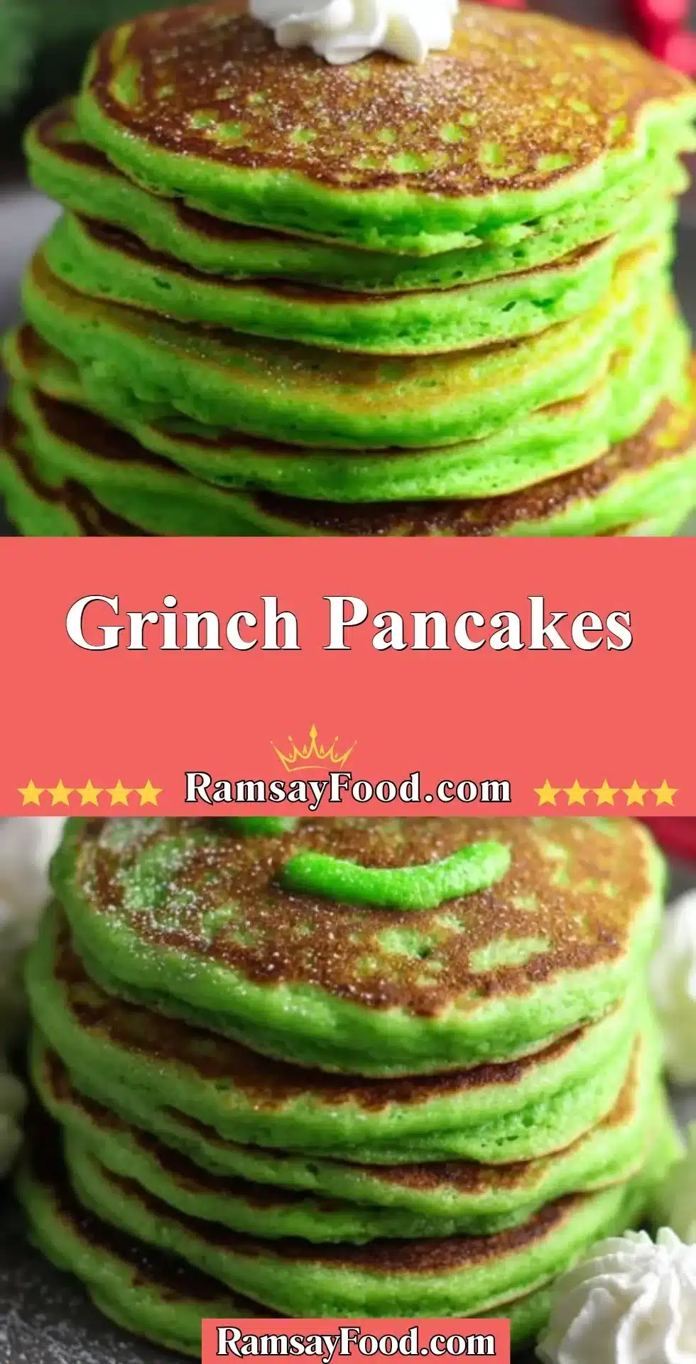 Grinch Pancakes 2 Festive Grinch Pancakes decorated with green batter and holiday toppings