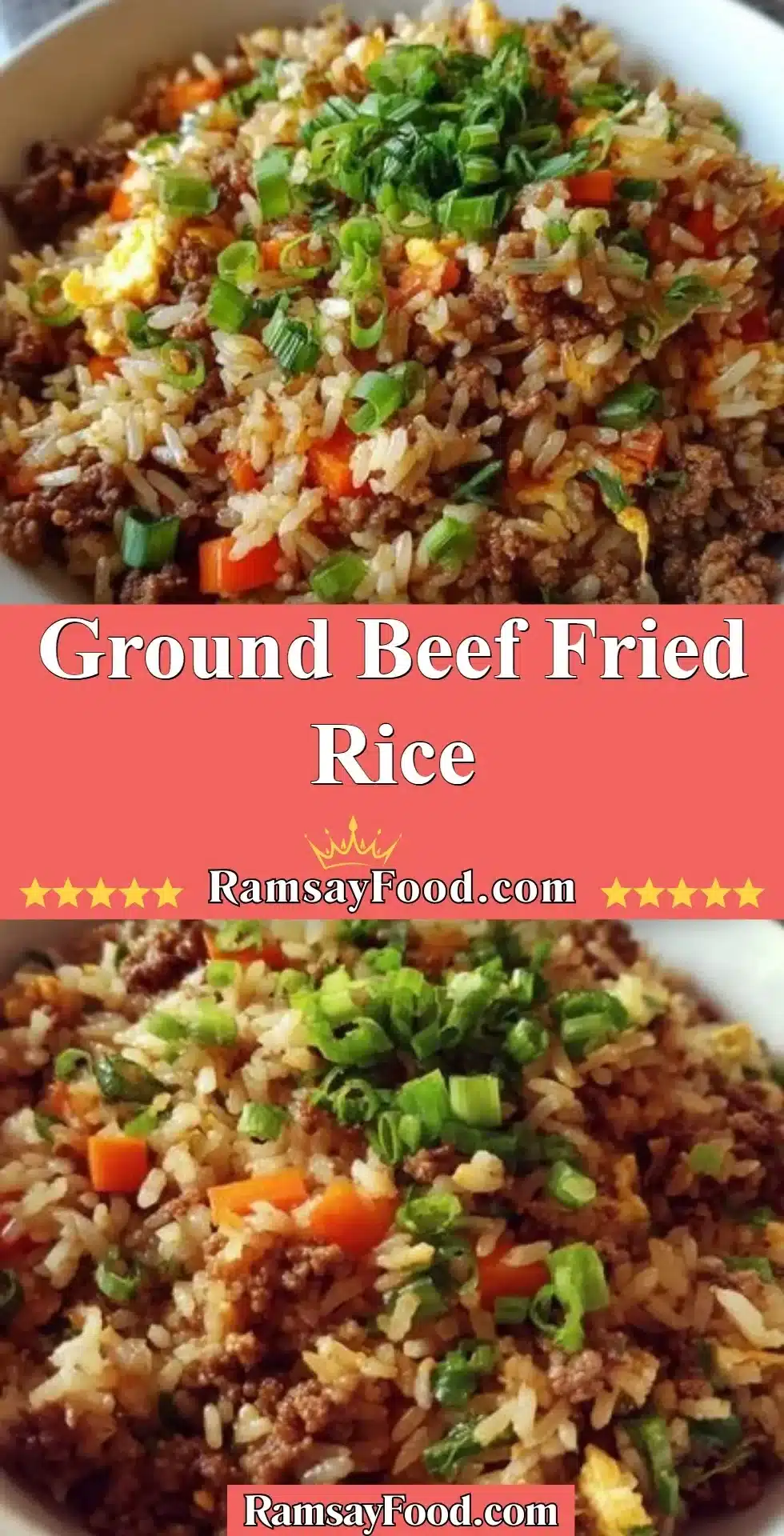 Plate of Ground Beef Fried Rice with vegetables and seasonings