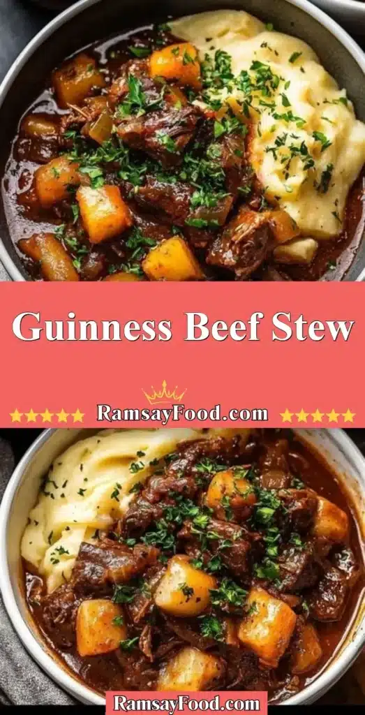 Delicious bowl of Guinness Beef Stew garnished with herbs and served with crusty bread