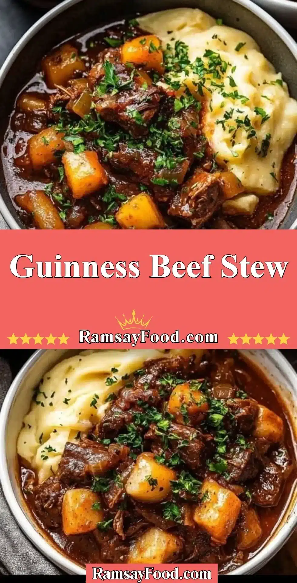 Guinness Beef Stew 2 Delicious bowl of Guinness Beef Stew garnished with herbs and served with crusty bread