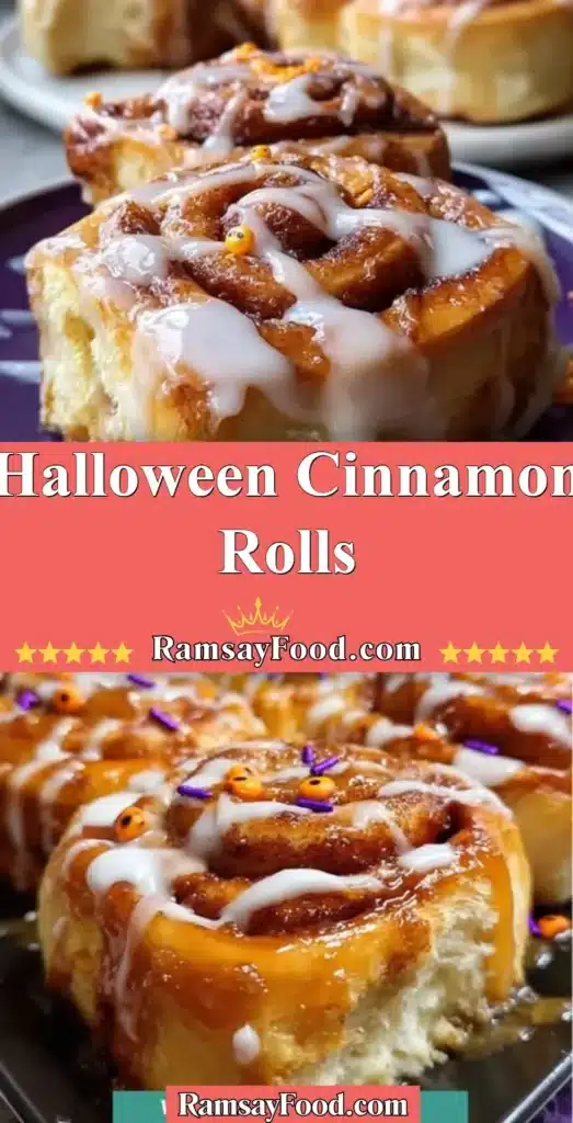 Halloween-themed cinnamon rolls with spooky decorations