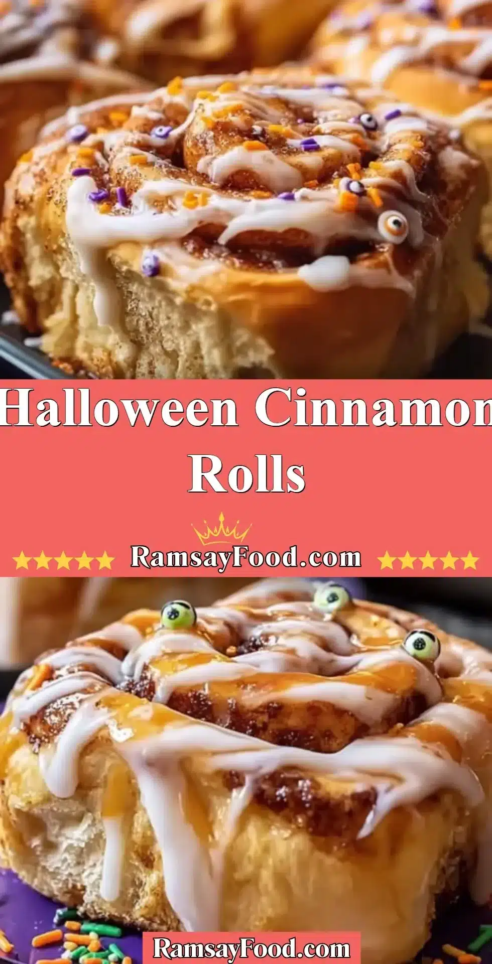 Halloween Cinnamon Rolls 2 Halloween-themed cinnamon rolls decorated with spooky designs