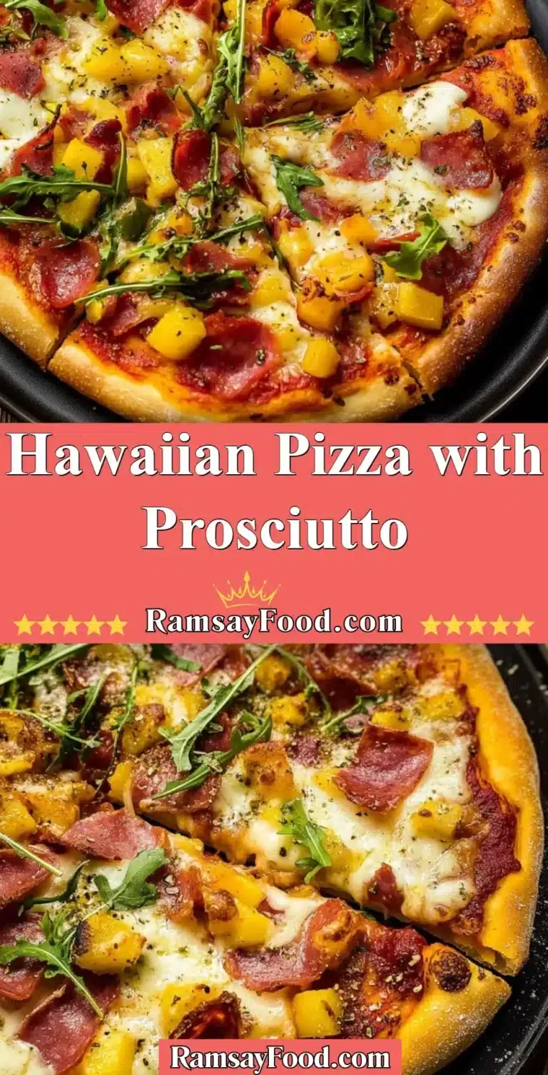 Hawaiian pizza topped with prosciutto and pineapple on a wooden table