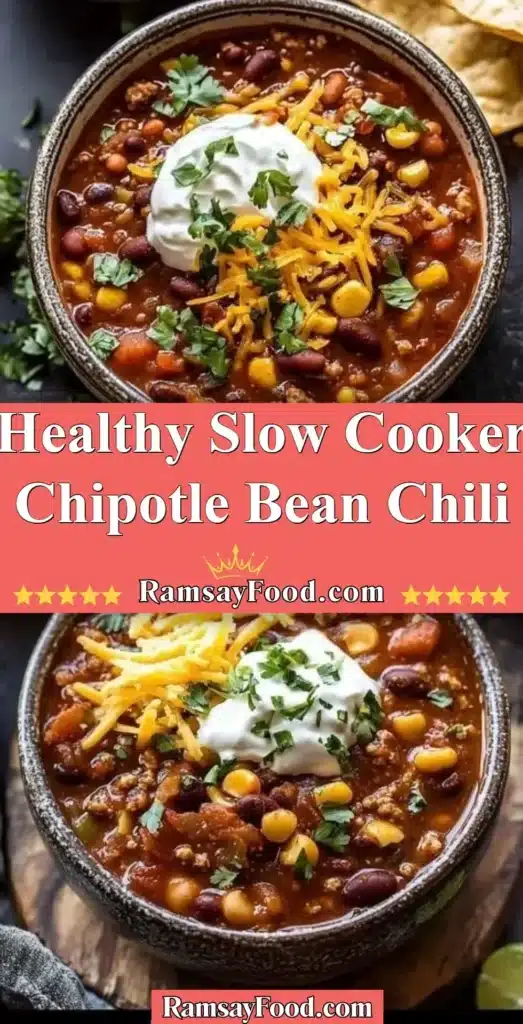 Bowl of healthy slow cooker chipotle bean chili with garnishes