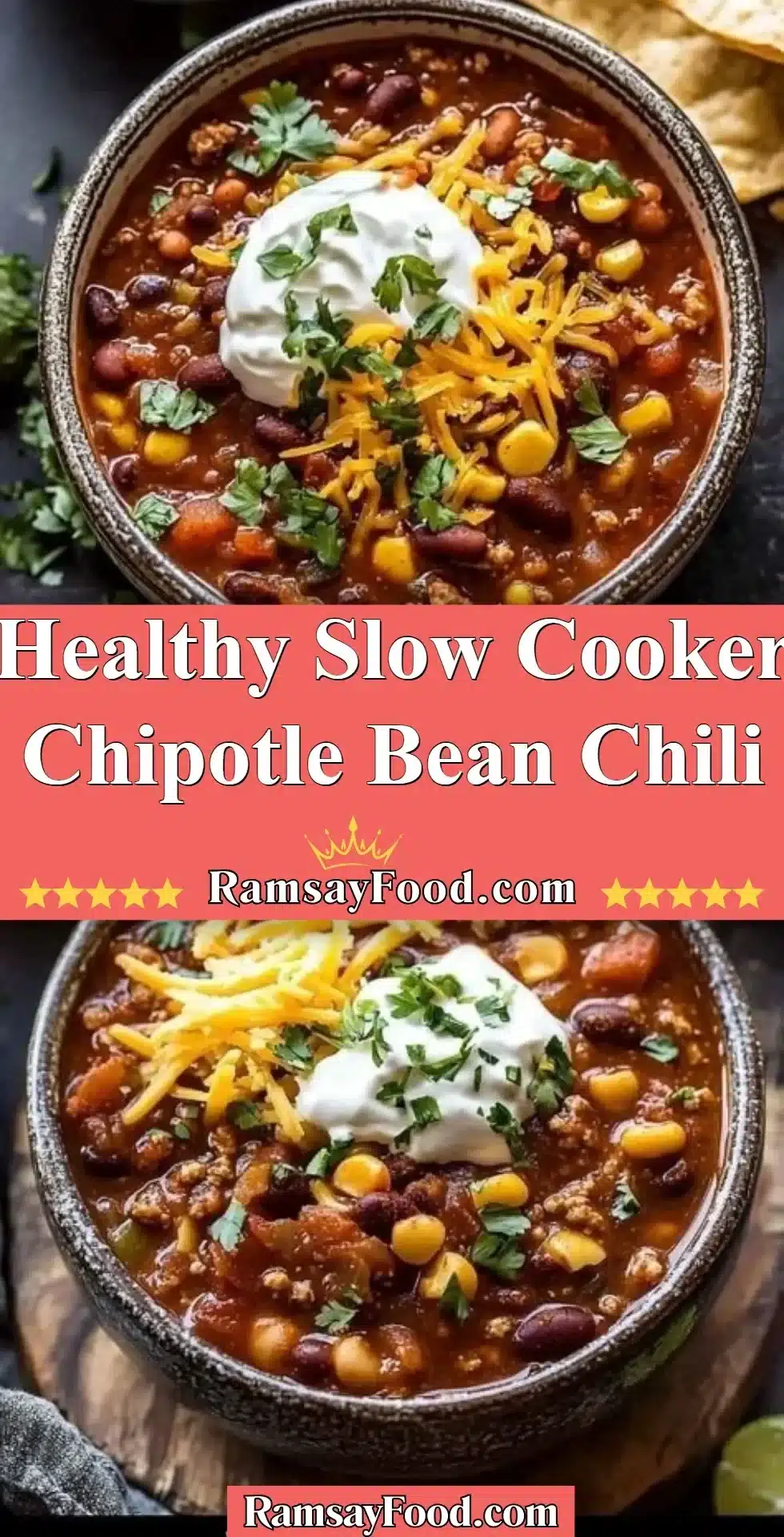Bowl of healthy slow cooker chipotle bean chili with garnishes