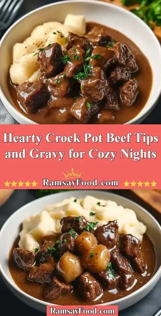 Crock pot beef tips and gravy served in a rustic bowl for cozy nights