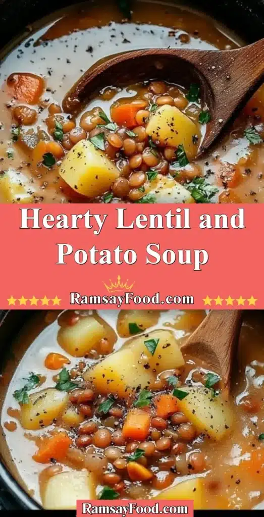 Bowl of hearty lentil and potato soup with fresh herbs and ingredients
