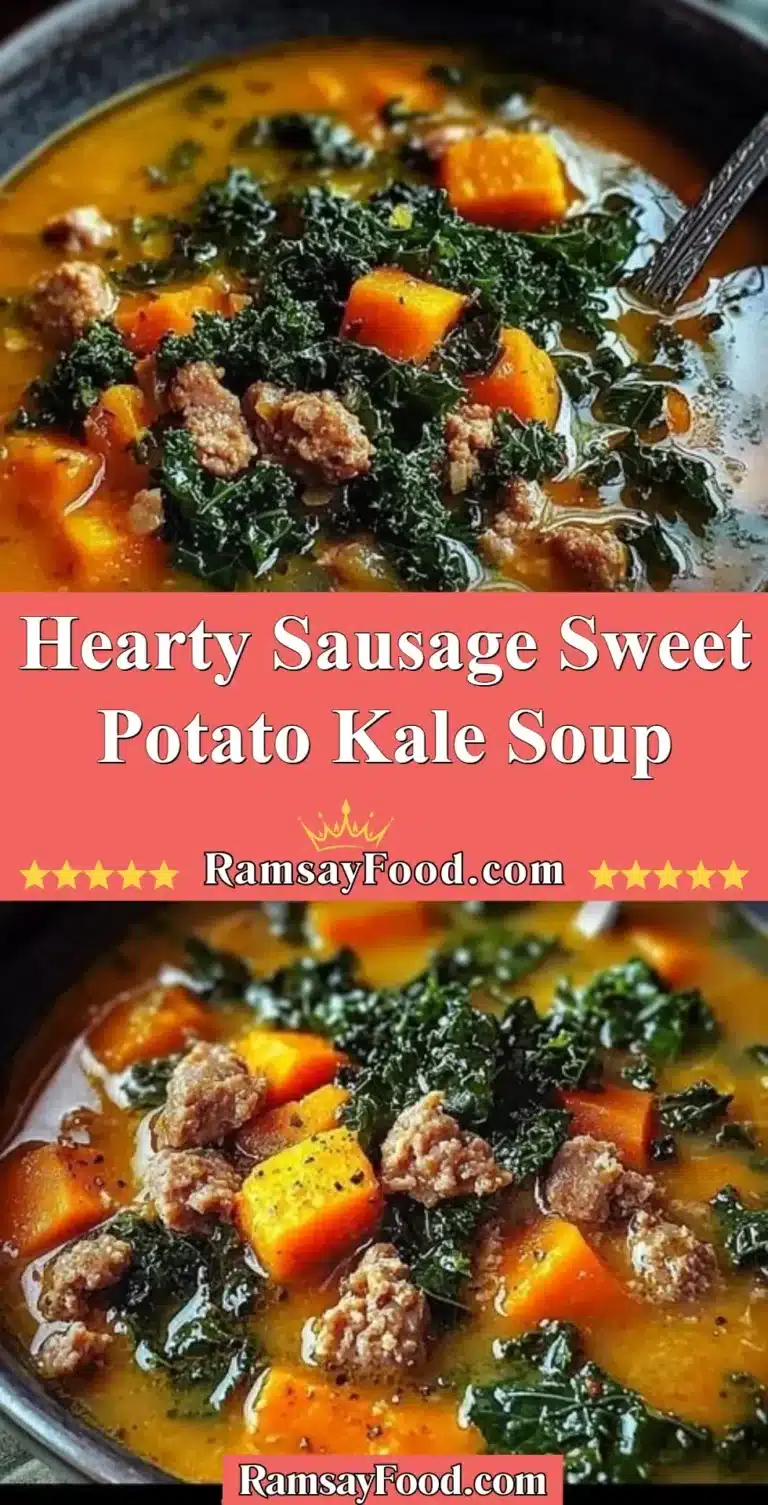 Bowl of hearty Sausage Sweet Potato Kale Soup with fresh ingredients