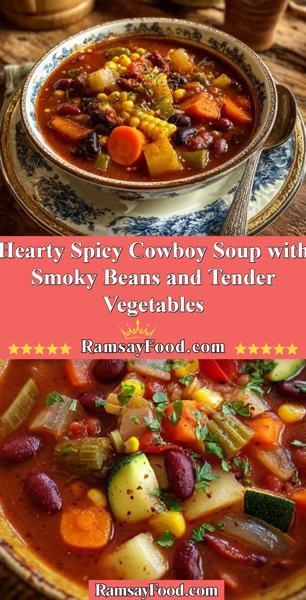 Hearty spicy cowboy soup with smoky beans and fresh vegetables in a bowl