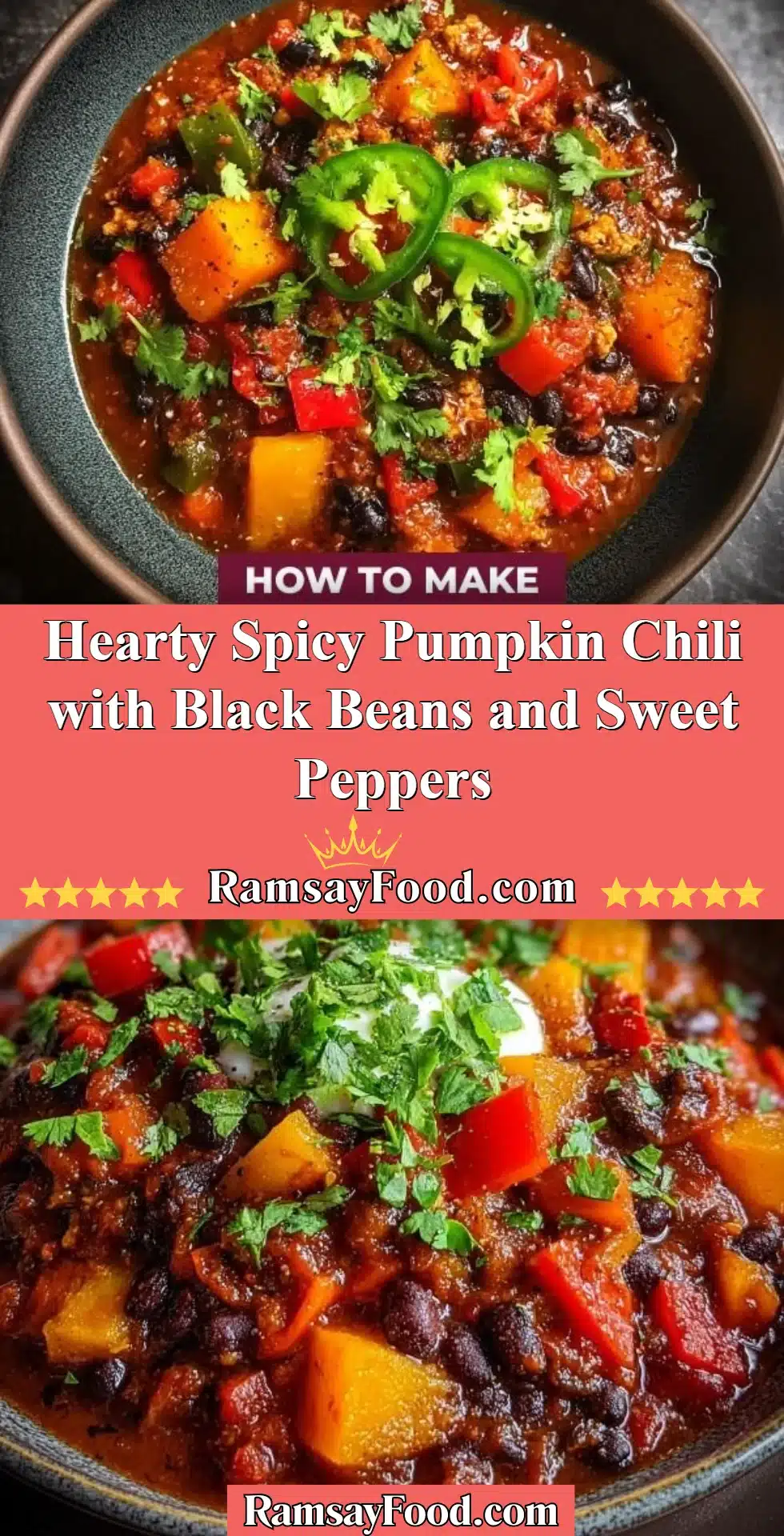 Hearty Spicy Pumpkin Chili with Black Beans and Sweet Peppers 2 Hearty spicy pumpkin chili with black beans and sweet peppers in a bowl
