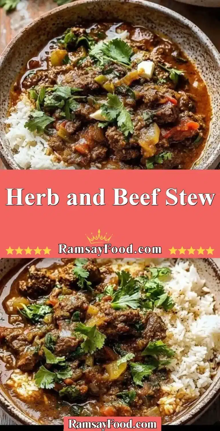 Herb and Beef Stew 9 A bowl of herb and beef stew garnished with fresh herbs.