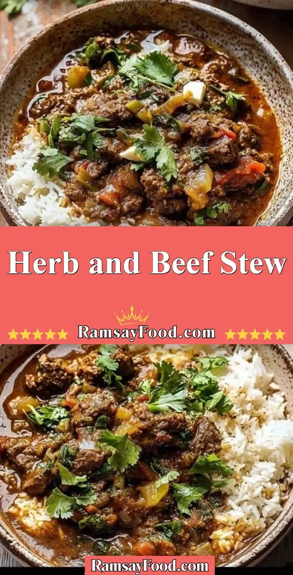 Herb and Beef Stew 2 A bowl of herb and beef stew garnished with fresh herbs.