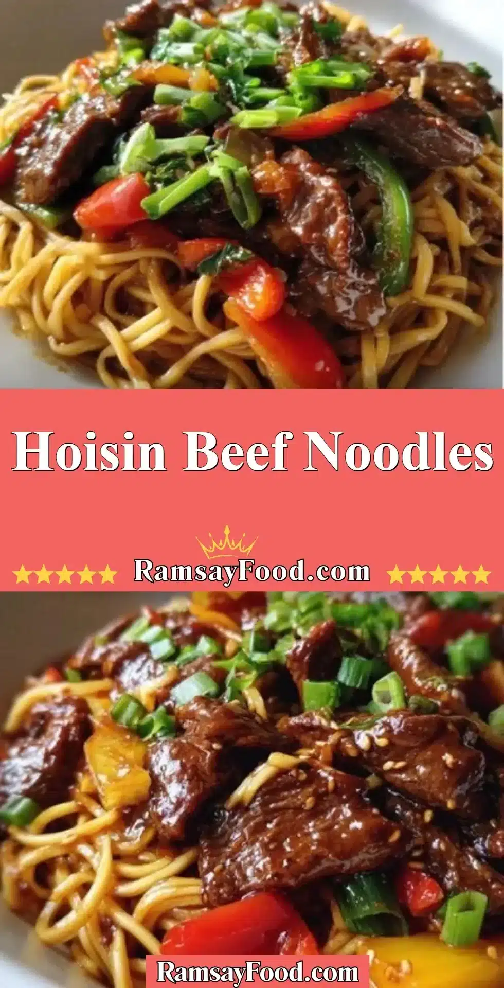 Delicious bowl of Hoisin Beef Noodles topped with fresh vegetables