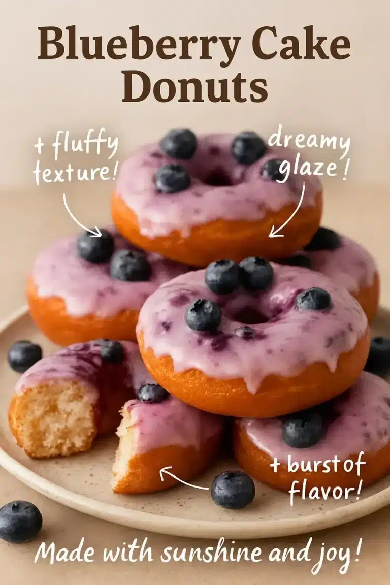 Plate of homemade blueberry cake donuts topped with glaze and blueberries