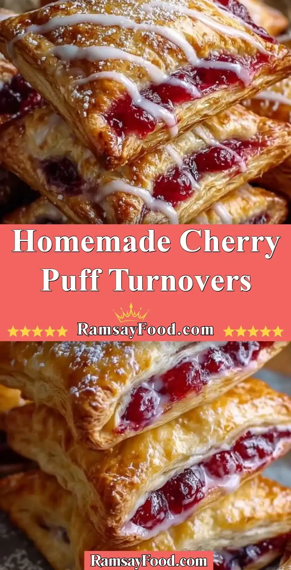 Homemade Cherry Puff Turnovers 2 Homemade cherry puff turnovers filled with sweet cherry filling and golden pastry.