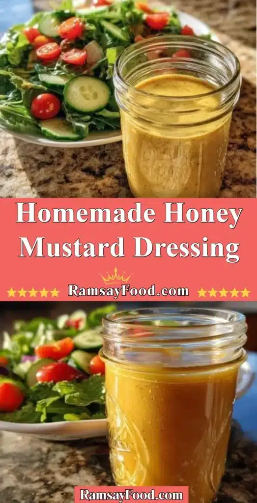 Homemade honey mustard dressing in a jar with fresh ingredients.