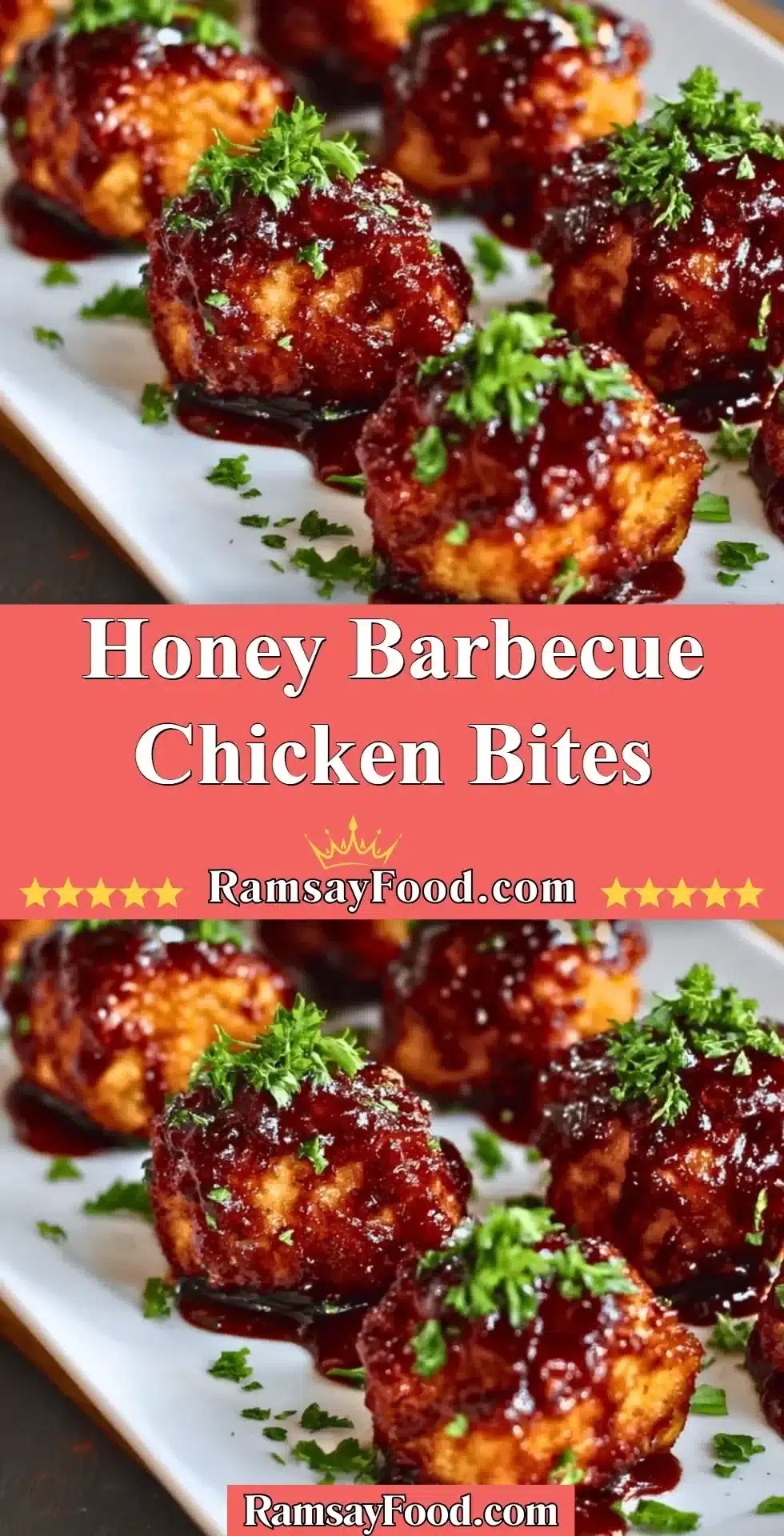 Honey Barbecue Chicken Bites 2 Delicious honey barbecue chicken bites on a platter garnished with herbs