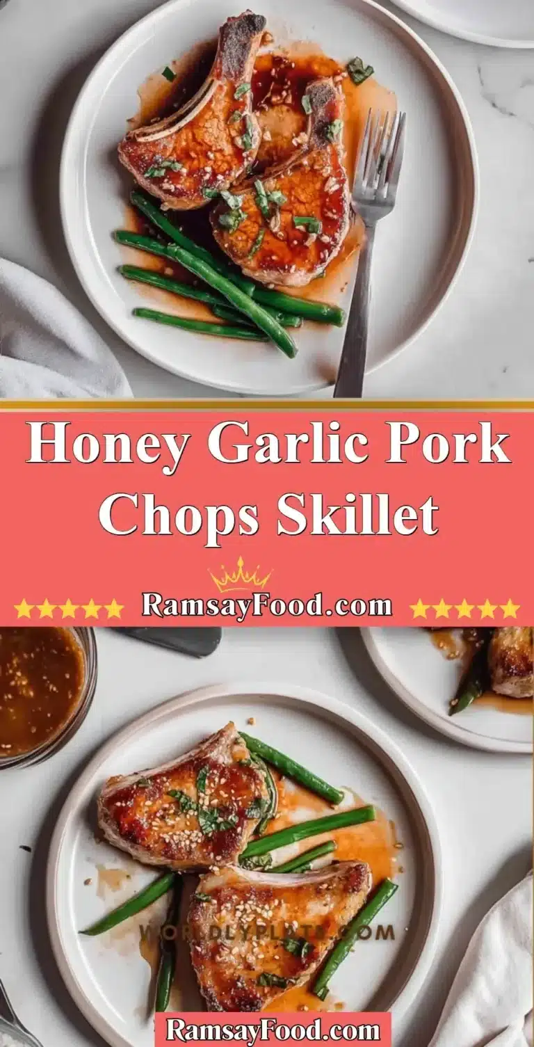 Honey Garlic Pork Chops Skillet 5 Honey Garlic Pork Chops cooked in a skillet, garnished and ready to serve.
